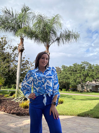 The OVI Sea Blue Blouse- Anicoletta's Boutique | Fashion Forward Luxury Women's Clothing