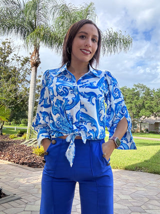 The OVI Sea Blue Blouse- Anicoletta's Boutique | Fashion Forward Luxury Women's Clothing