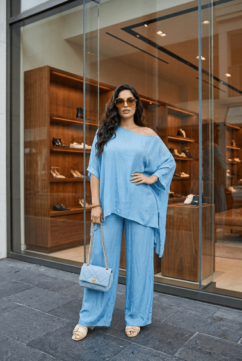 The Draped Oversized Blouse & Genie Silk Pant Set- Anicoletta's Boutique | Fashion Forward Luxury Women's Clothing