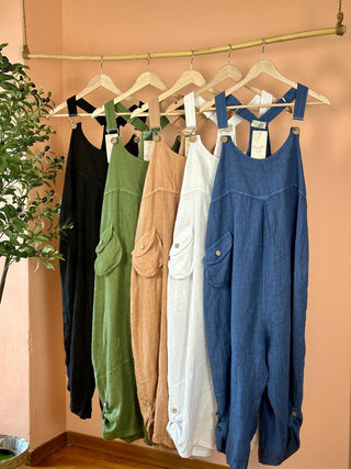 The Linen Overall Jumpsuit- Anicoletta's Boutique | Fashion Forward Luxury Women's Clothing