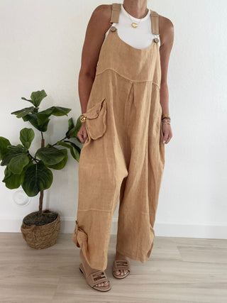 The Linen Overall Jumpsuit- Anicoletta's Boutique | Fashion Forward Luxury Women's Clothing