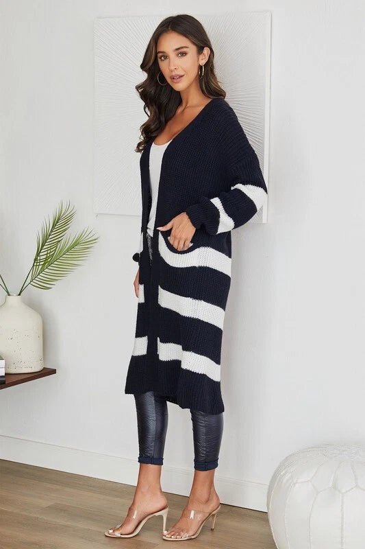 The Elle Stripe Long Cardigan- Anicoletta's Boutique | Fashion Forward Luxury Women's Clothing