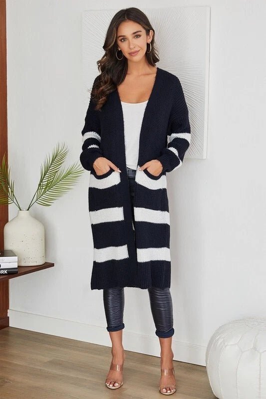 The Elle Stripe Long Cardigan- Anicoletta's Boutique | Fashion Forward Luxury Women's Clothing