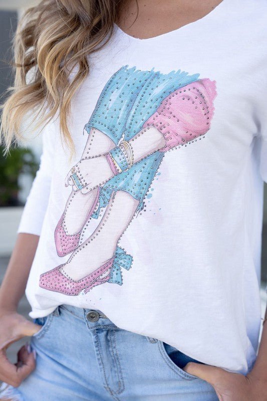 The Pink Heels Print Embellished Italian Top- Anicoletta's Boutique | Fashion Forward Luxury Women's Clothing