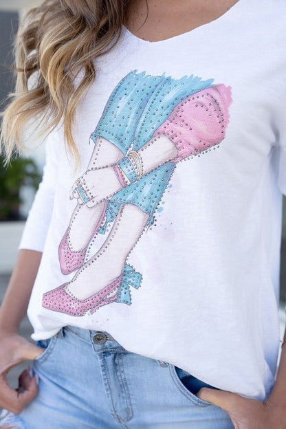 The Pink Heels Print Embellished Italian Top- Anicoletta's Boutique | Fashion Forward Luxury Women's Clothing
