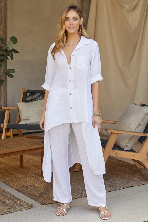 The Milio Milano Linen High-Low Button-Down Sequin Tunic Top- Anicoletta's Boutique | Fashion Forward Luxury Women's Clothing