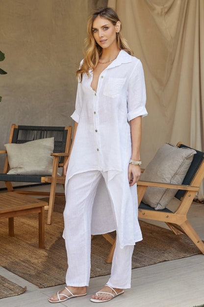 The Milio Milano Linen High-Low Button-Down Sequin Tunic Top- Anicoletta's Boutique | Fashion Forward Luxury Women's Clothing