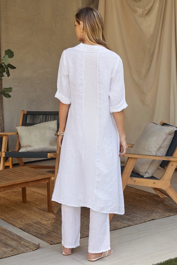 The Milio Milano Linen High-Low Button-Down Sequin Tunic Top- Anicoletta's Boutique | Fashion Forward Luxury Women's Clothing