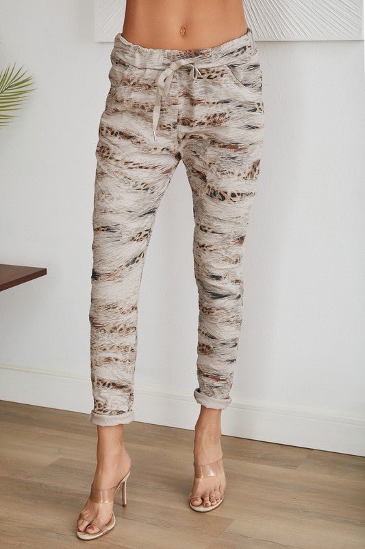 The Leopard Print Italian Crinkle Joggers- Anicoletta's Boutique | Fashion Forward Luxury Women's Clothing