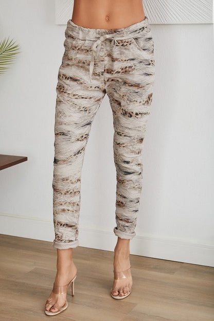 The Leopard Print Italian Crinkle Joggers- Anicoletta's Boutique | Fashion Forward Luxury Women's Clothing