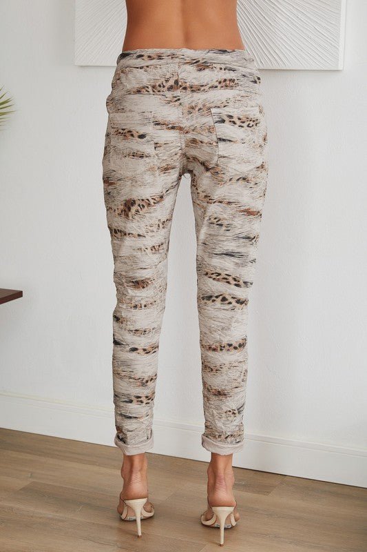 The Leopard Print Italian Crinkle Joggers- Anicoletta's Boutique | Fashion Forward Luxury Women's Clothing