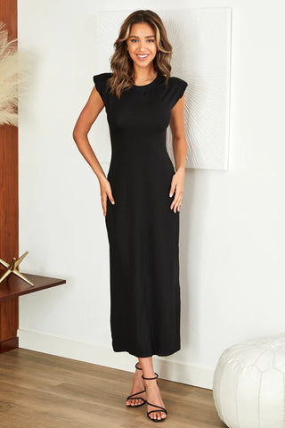 The Fitted Shoulder Pad Maxi Dress- Anicoletta's Boutique | Fashion Forward Luxury Women's Clothing