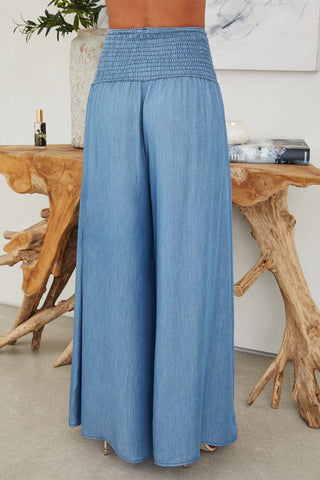 The Chambray Wide Leg Italian Pants- Anicoletta's Boutique | Fashion Forward Luxury Women's Clothing