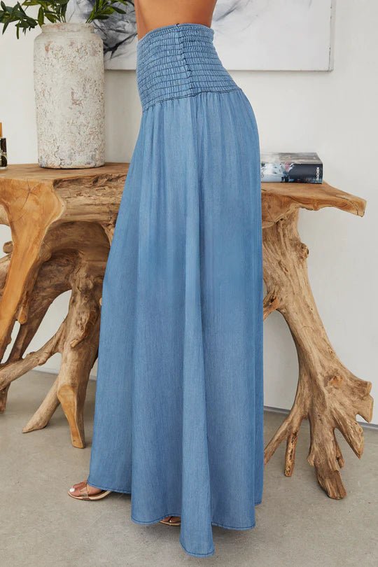 The Chambray Wide Leg Italian Pants- Anicoletta's Boutique | Fashion Forward Luxury Women's Clothing