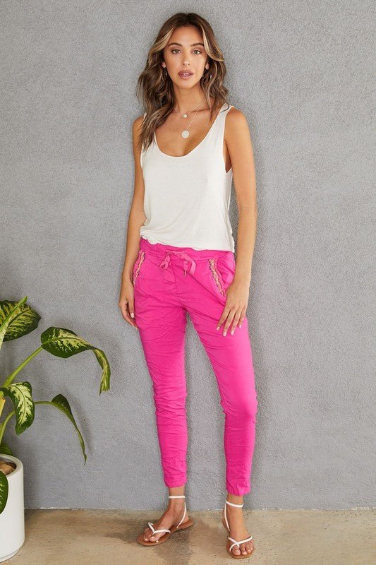 The Yarnie Crochet Crinkle Joggers- Anicoletta's Boutique | Fashion Forward Luxury Women's Clothing