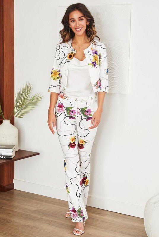 The Bouquet Print Flare Dress Pants Large / White/Bouquet Print / 90% Polyester 10% Spandex The Bouquet Print Flare Dress Pants Large / White/Bouquet Print / 90% Polyester 10% Spandex