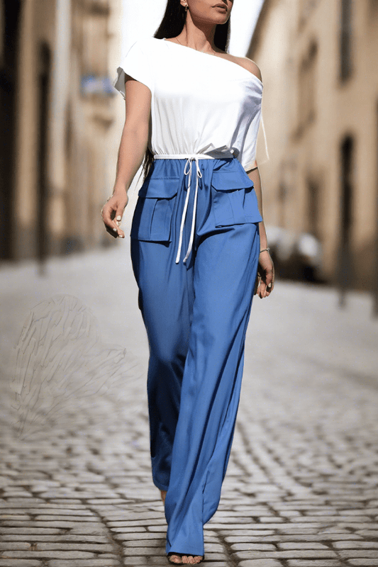 The Cali Off-Shoulder Denim Jumpsuit- Anicoletta's Boutique | Fashion Forward Luxury Women's Clothing