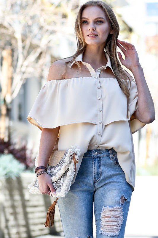 The Catalina's Off Shoulder Neck Collar Button Down Blouse- Anicoletta's Boutique | Fashion Forward Luxury Women's Clothing