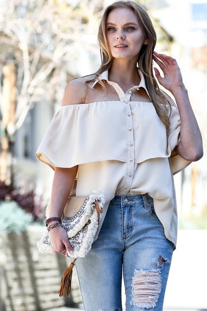 The Catalina's Off Shoulder Neck Collar Button Down Blouse- Anicoletta's Boutique | Fashion Forward Luxury Women's Clothing