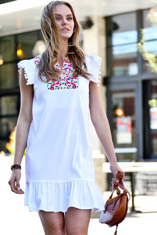 The Pom Pom Shoulder Cap Embroidery Detail Dress- Anicoletta's Boutique | Fashion Forward Luxury Women's Clothing