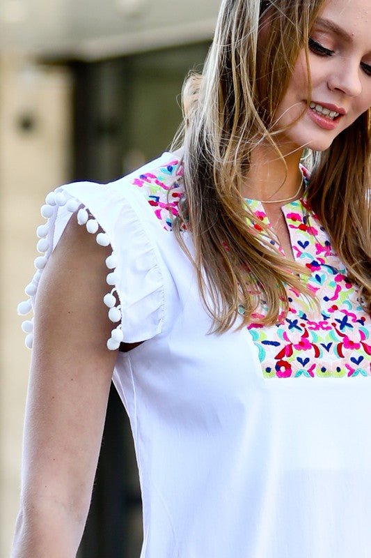 The Pom Pom Shoulder Cap Embroidery Detail Dress- Anicoletta's Boutique | Fashion Forward Luxury Women's Clothing