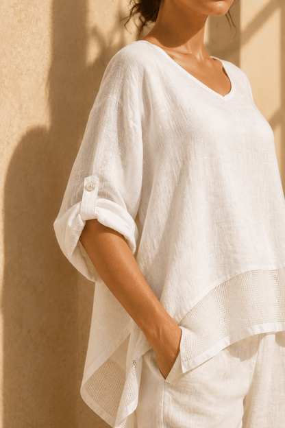 The Summer Italian Linen Hi Low Blouse- Anicoletta's Boutique | Fashion Forward Luxury Women's Clothing