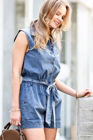 The Sleeveless Denim Romper- Anicoletta's Boutique | Fashion Forward Luxury Women's Clothing