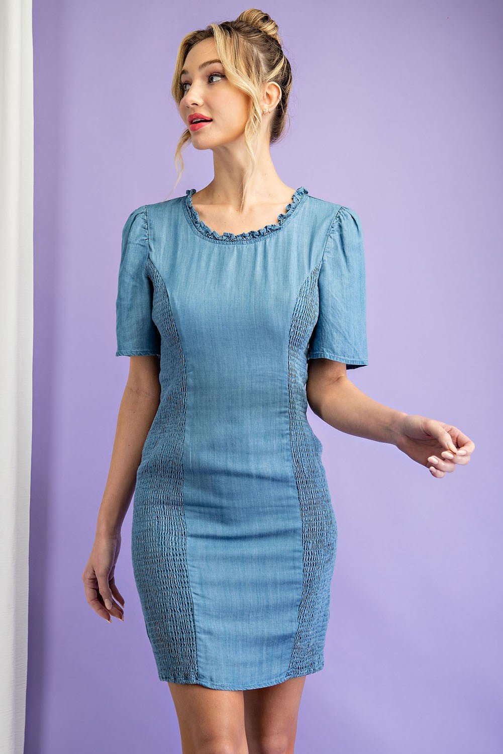The Smocked Chambray Mini Dress- Anicoletta's Boutique | Fashion Forward Luxury Women's Clothing