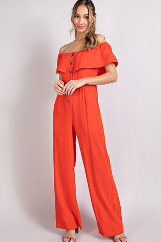 The London Off Shoulder Button Trim Jumpsuit- Anicoletta's Boutique | Fashion Forward Luxury Women's Clothing