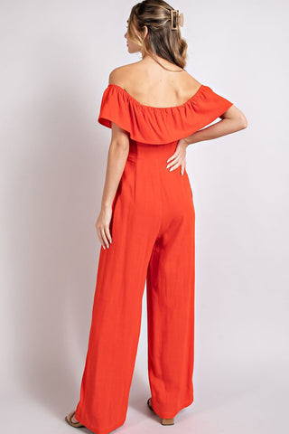 The London Off Shoulder Button Trim Jumpsuit- Anicoletta's Boutique | Fashion Forward Luxury Women's Clothing