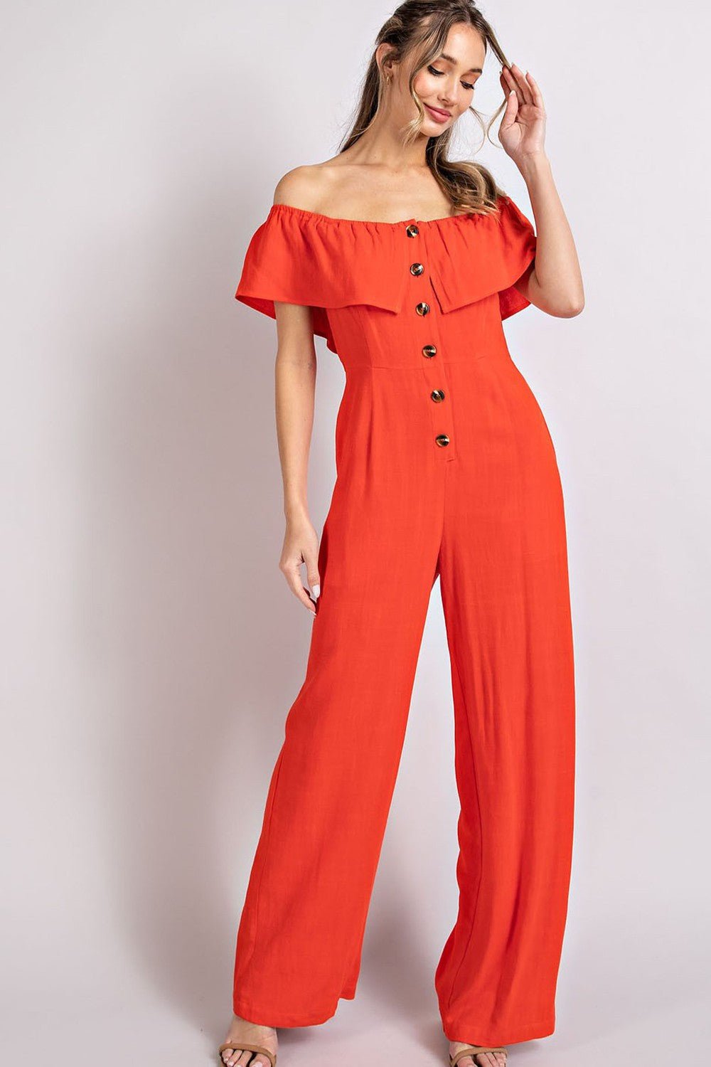 The London Off Shoulder Button Trim Jumpsuit- Anicoletta's Boutique | Fashion Forward Luxury Women's Clothing