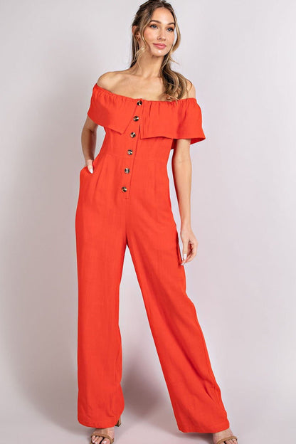 The London Off Shoulder Button Trim Jumpsuit- Anicoletta's Boutique | Fashion Forward Luxury Women's Clothing