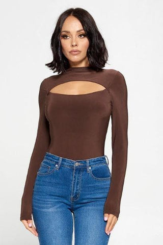 Chocolate Long Sleeve Keyhole Bodysuit- Anicoletta's Boutique | Fashion Forward Luxury Women's Clothing