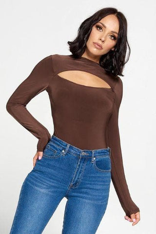 Chocolate Long Sleeve Keyhole Bodysuit- Anicoletta's Boutique | Fashion Forward Luxury Women's Clothing