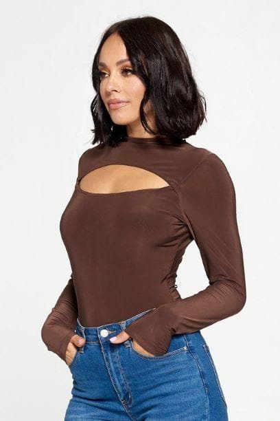 Chocolate Long Sleeve Keyhole Bodysuit- Anicoletta's Boutique | Fashion Forward Luxury Women's Clothing