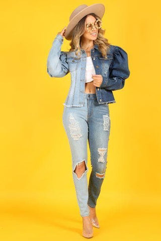 The Anicoletta’s Denim Jacket with Puff Sleeves and Pockets- Anicoletta's Boutique | Fashion Forward Luxury Women's Clothing