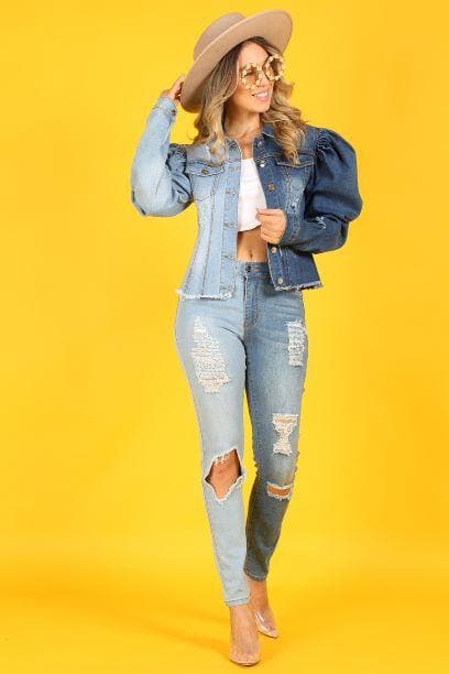 The Anicoletta’s Denim Jacket with Puff Sleeves and Pockets- Anicoletta's Boutique | Fashion Forward Luxury Women's Clothing
