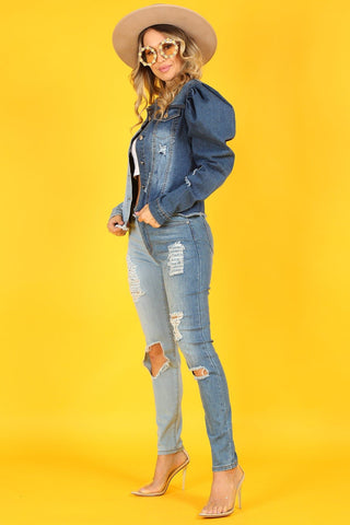 The Anicoletta’s Denim Jacket with Puff Sleeves and Pockets- Anicoletta's Boutique | Fashion Forward Luxury Women's Clothing