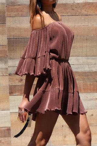 Pleated Off Shoulder Romper with Ruffled- Anicoletta's Boutique | Fashion Forward Luxury Women's Clothing