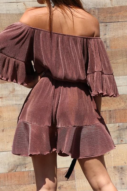 Pleated Off Shoulder Romper with Ruffled- Anicoletta's Boutique | Fashion Forward Luxury Women's Clothing