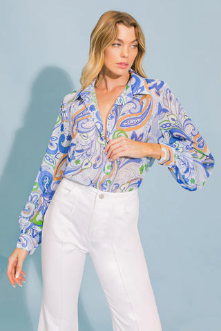 The Emilia Blue Paisley Blouse- Anicoletta's Boutique | Fashion Forward Luxury Women's Clothing