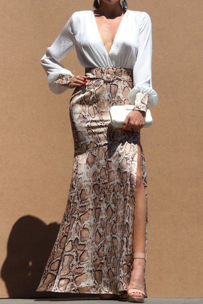 V Neck Long Sleeve Python Maxi Dress- Anicoletta's Boutique | Fashion Forward Luxury Women's Clothing
