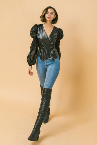 Faux Leather and Organza Mixed Top- Anicoletta's Boutique | Fashion Forward Luxury Women's Clothing