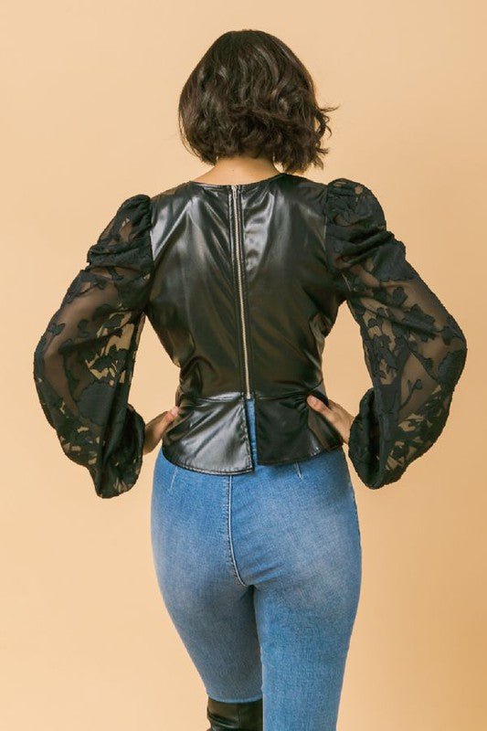 Faux Leather and Organza Mixed Top- Anicoletta's Boutique | Fashion Forward Luxury Women's Clothing