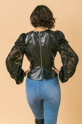 Faux Leather and Organza Mixed Top- Anicoletta's Boutique | Fashion Forward Luxury Women's Clothing