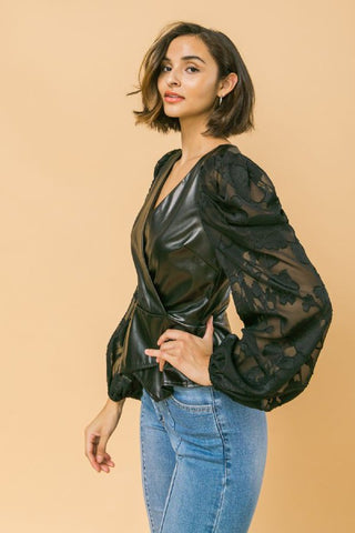 Faux Leather and Organza Mixed Top- Anicoletta's Boutique | Fashion Forward Luxury Women's Clothing