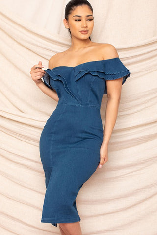 Denim Off the Shoulder Midi Dress- Anicoletta's Boutique | Fashion Forward Luxury Women's Clothing