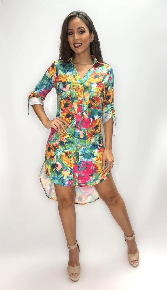 Tropical Print Collared Button Down Shirt Dress- Anicoletta's Boutique | Fashion Forward Luxury Women's Clothing