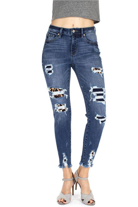 Kan Can High Rise Patched Ankle Skinny Jeans- Anicoletta's Boutique | Fashion Forward Luxury Women's Clothing