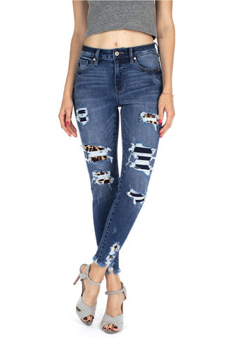 Kan Can High Rise Patched Ankle Skinny Jeans- Anicoletta's Boutique | Fashion Forward Luxury Women's Clothing